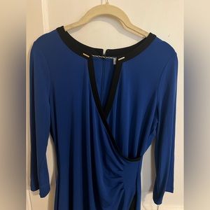 NWT Calvin Klein Plunge Front Royal Blue Wrap Dress Black Seams w/ Gold Hardware